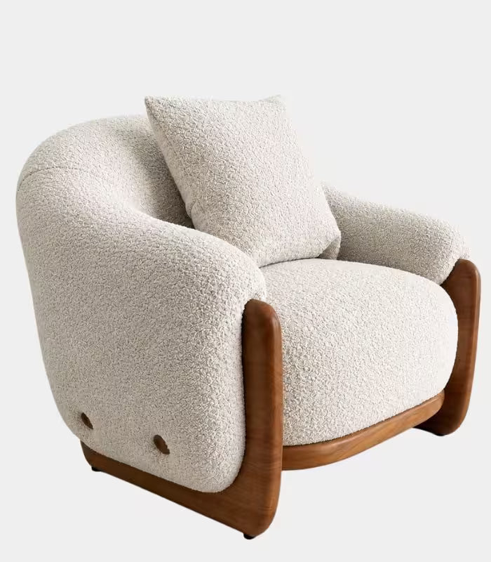 Modern Sculptural Lounge Chair – Contemporary Ash Wood & Bouclé Design