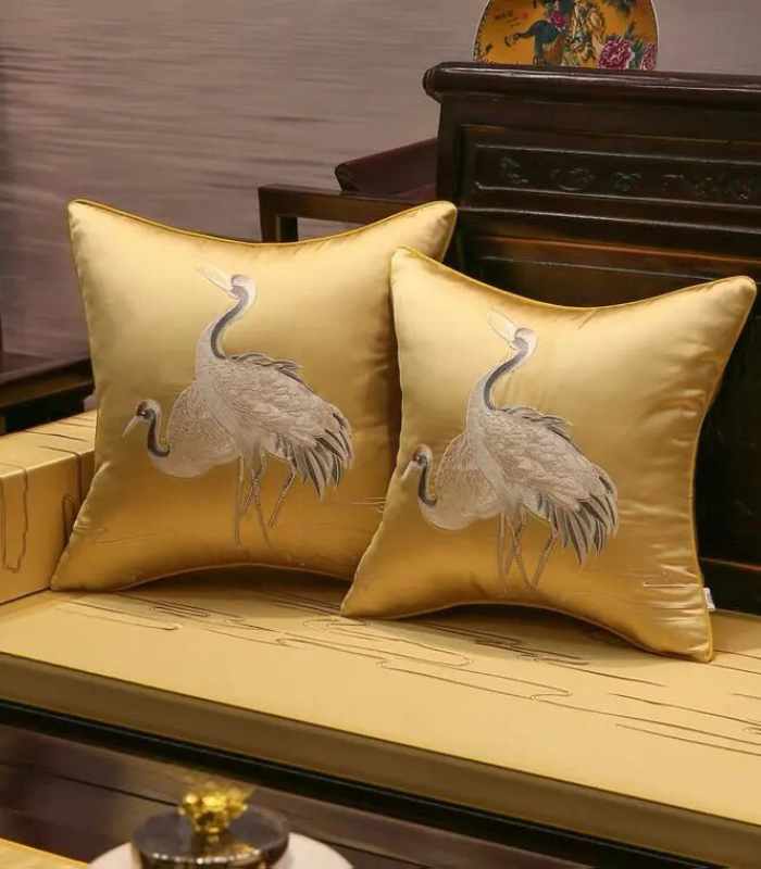 Cushion Cover Crane Embroidered Silk Sating 45x45cm