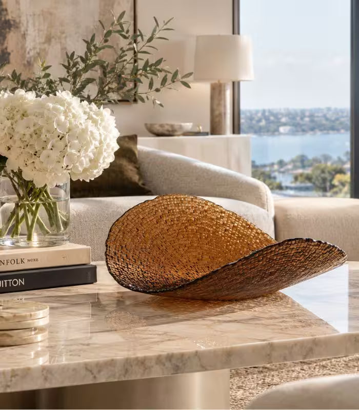 Riveira Glass Sculptural Decorative Bowl | Platter Fruit Bowl Large Amber-Brown 42.5cm × 13.5cm