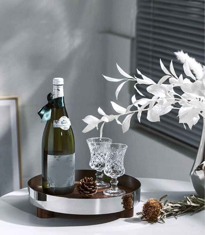 Tray Stainless Steel And Wood Walnut  Silver Brown