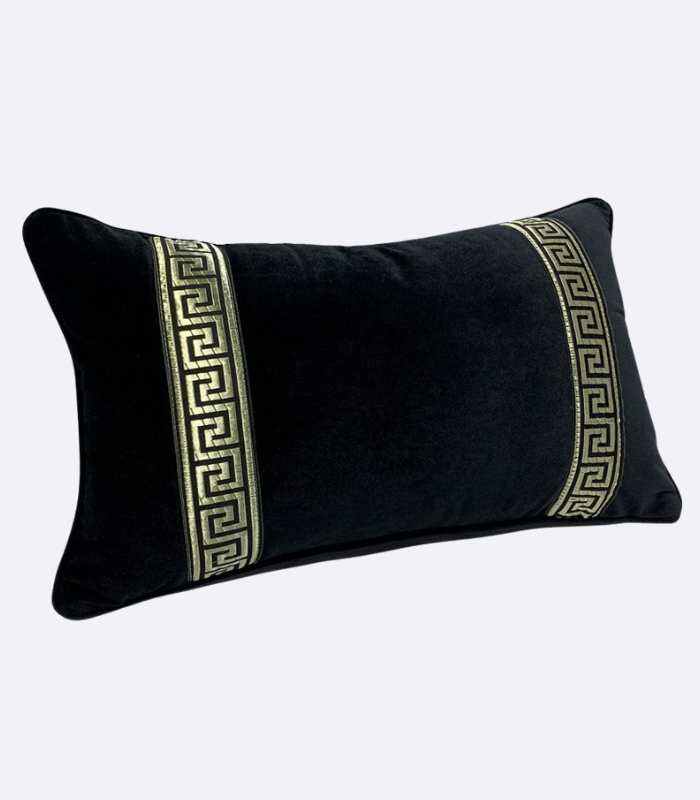 Greca Cushion Cover Pillow Cover Black Velvet Gold Embroidery 30x50cm