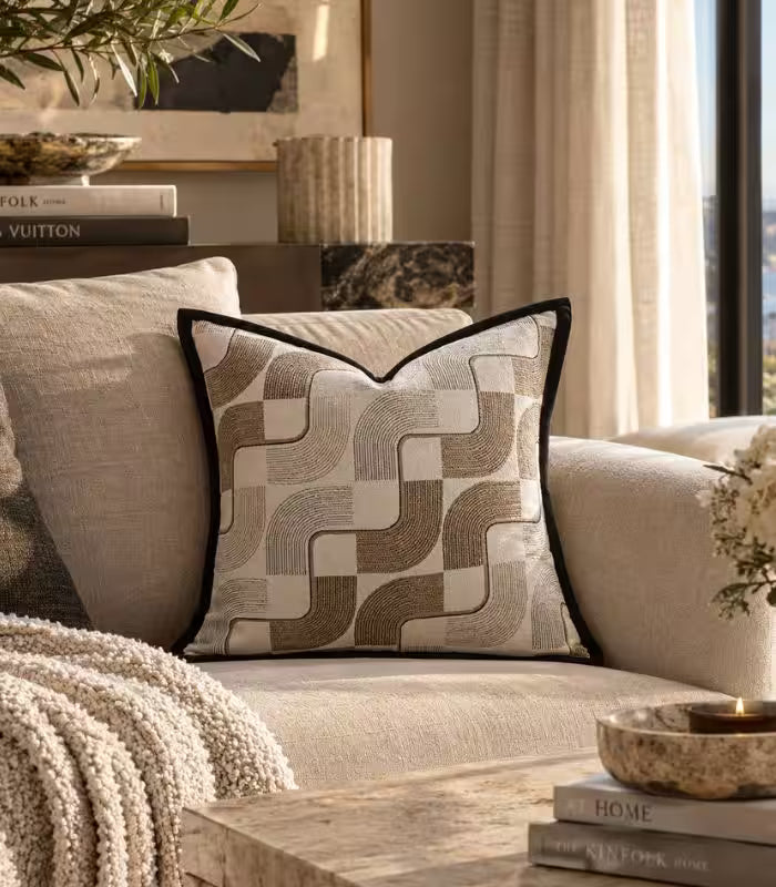 Architectural Flow Cushion Cover – Premium Woven Jacquard Design Square
