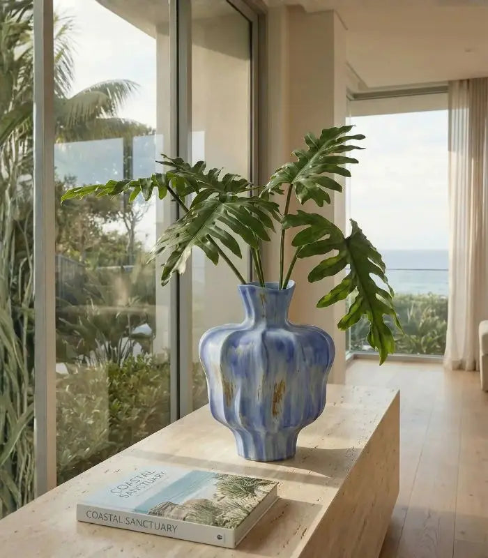 Pauline Ceramic Vase – Sculptural Fluted Design 30 cm Blue