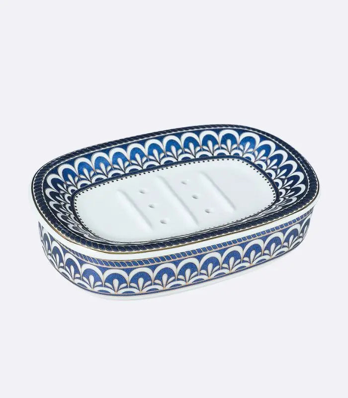 Seifenschale aus Keramik mit Abfluss Blau und Weiß 13,8 cm