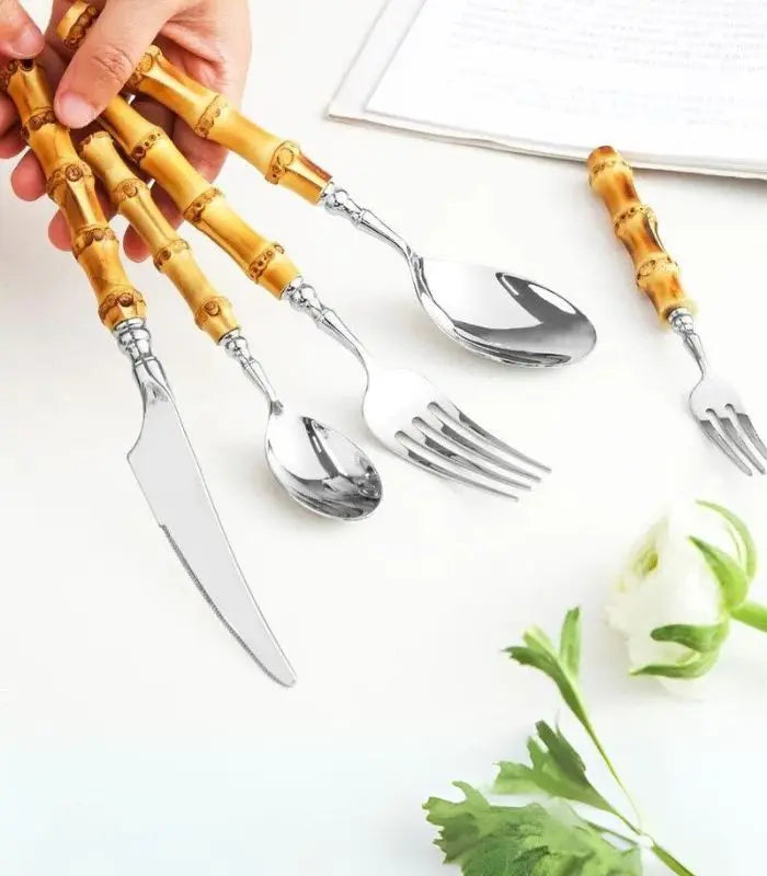 20 Pcs Cutlery Set Natural Bamboo Handle Stainless Steel Flatware