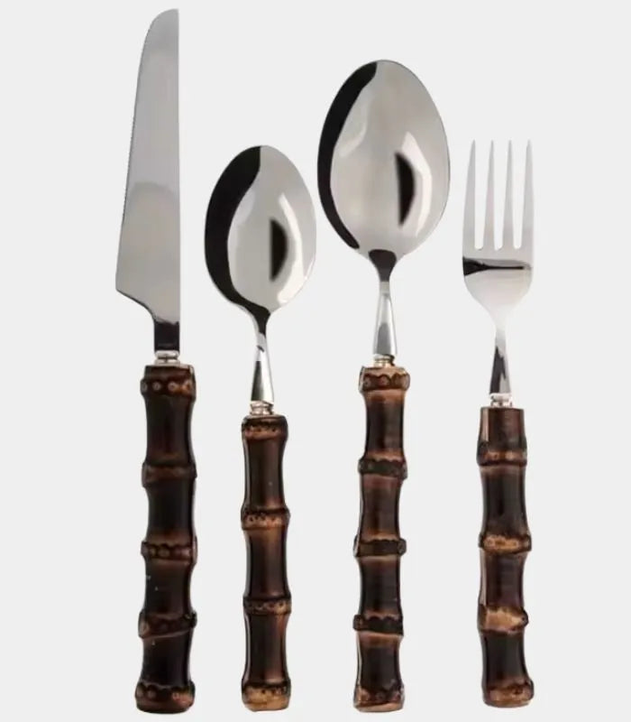24 Pc Natural Bamboo Handle Cutlery Set Stainless Steel Flatware Dark Bamboo