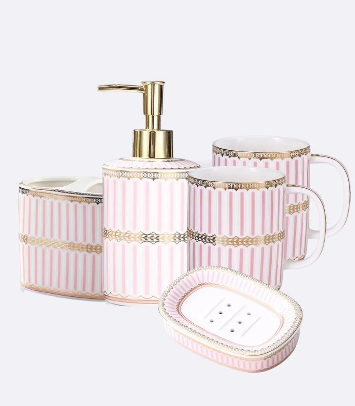 5-teiliges Badezimmer-Accessoires-Set, Keramik, Rosa & Weiß