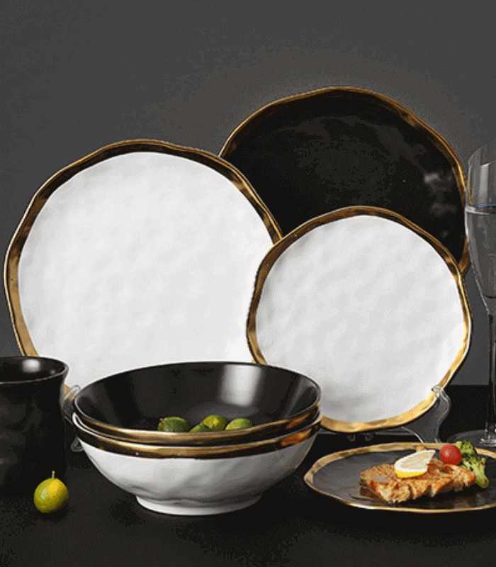 Gold Edge Porcelain Serving Platter Black & White 25cm