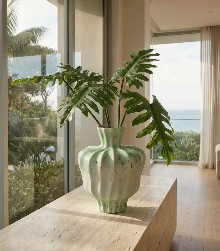 Pauline Ceramic Vase – Sculptural Fluted Design 30 cm Green