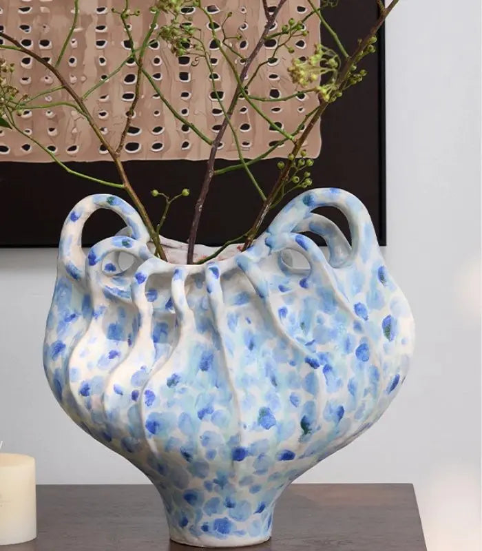 Blue Speckled Ceramic Vase – Handcrafted Contemporary Statement Piece 33 x 36 cm