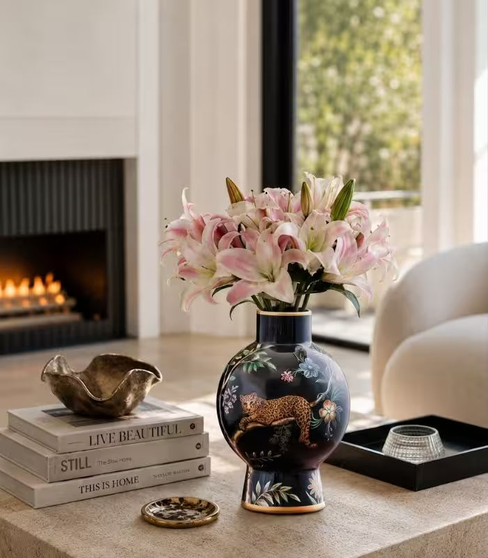 Savanna Noir – Hand Painted Porcelain Vase with Botanical Motifs