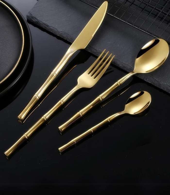 24 Pcs Stainless Steel Cutlery Set for 6 Bamboo Handle Style