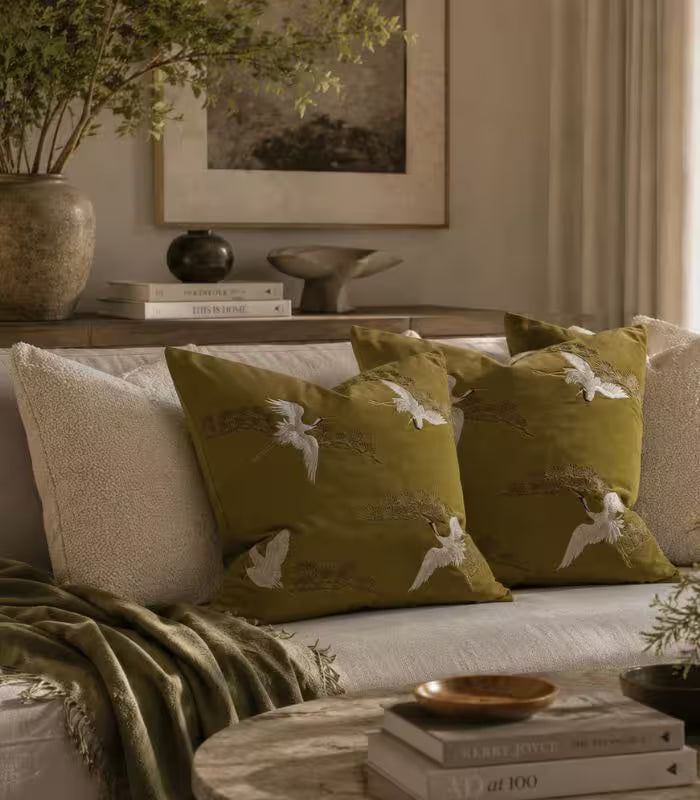 Embroidered Crane Velvet Cushion Cover – Japanese-Inspired Bird Design