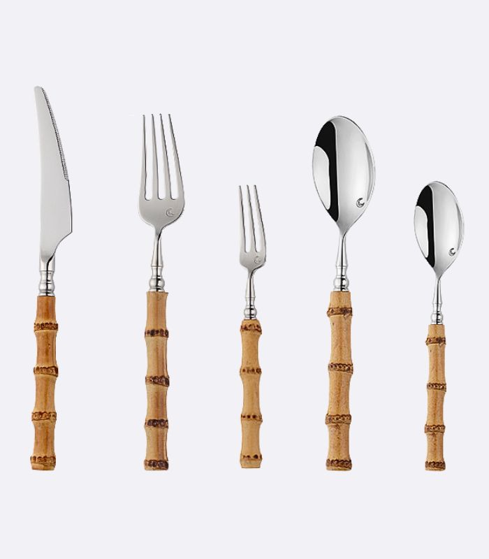 Cutlery Set Natural Bamboo Handle 304 Stainless Steel Silver