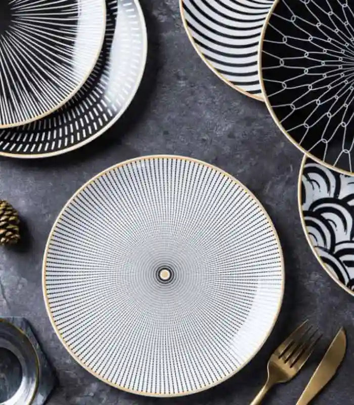Set of 6 Dining Plates Black & White Porcelain 20cm