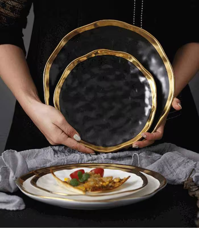 Gold Edge Porcelain Serving Platter Black & White 19.5 cm