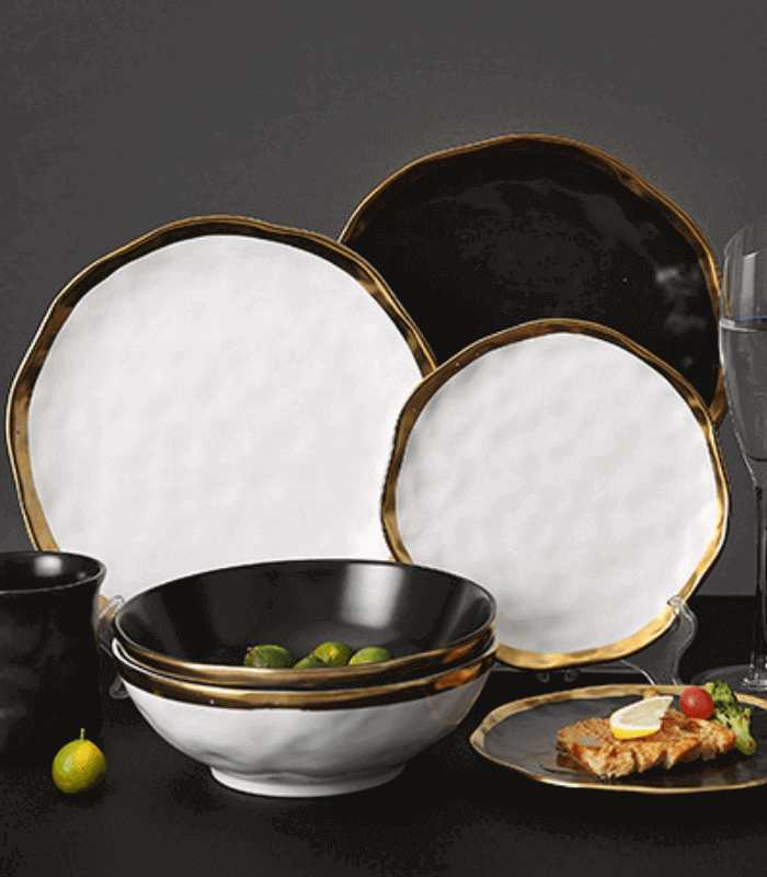 Gold Edge Porcelain Serving Platter Black & White 19.5 cm