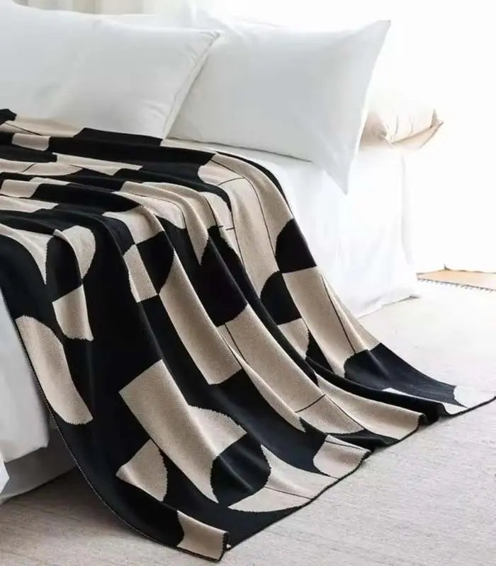 Geometric Harmony Knit Throw Blanket Modern Acrylic Knit Throw Blanket - Black and Beige 130x180 cm ( 51.18 in x 70.87 in)