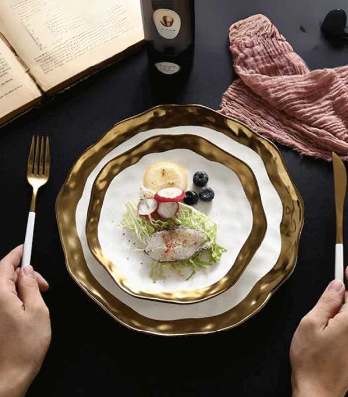 Gold Edge Porcelain Serving Platter Black & White 19.5 cm