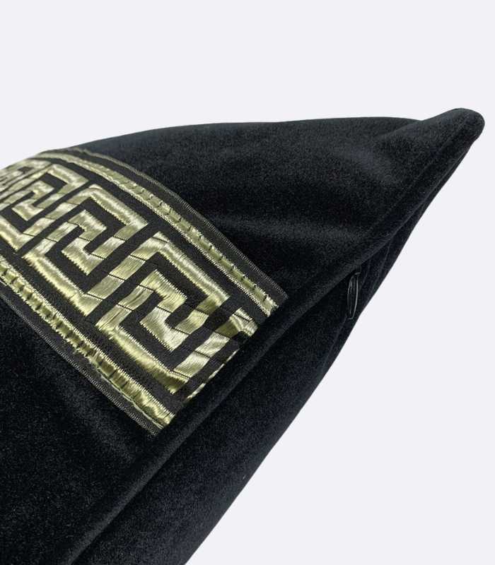 Greca Cushion Cover Pillow Cover Black Velvet Gold Embroidery 30x50cm