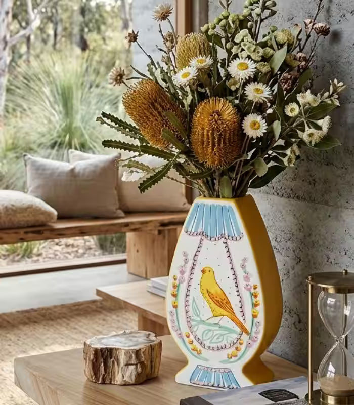 Hand-Decorated Yellow Bird Teardrop Vase - Exquisite Ceramic Art Piece (25cm/9.84")