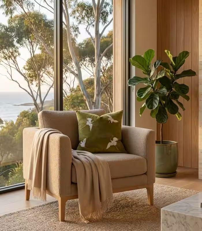 Embroidered Crane Velvet Cushion Cover – Japanese-Inspired Bird Design