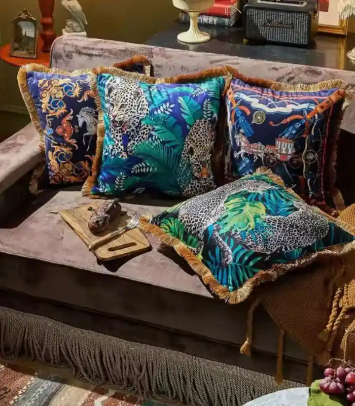 Tropical Velvet Decorative Cushion Cover Fringed Edge Square 45x45 cm