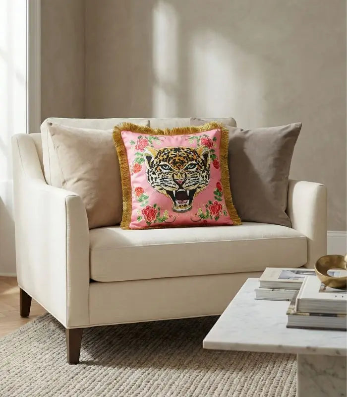 Pink Leopard Velvet Decorative Cushion Cover Fringed Edge Square 45 cm