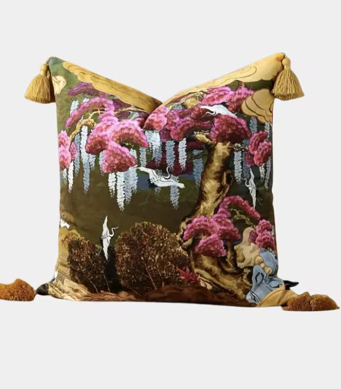 East Asian Garden Tasseled Decorative Cushion Cover - Velvet