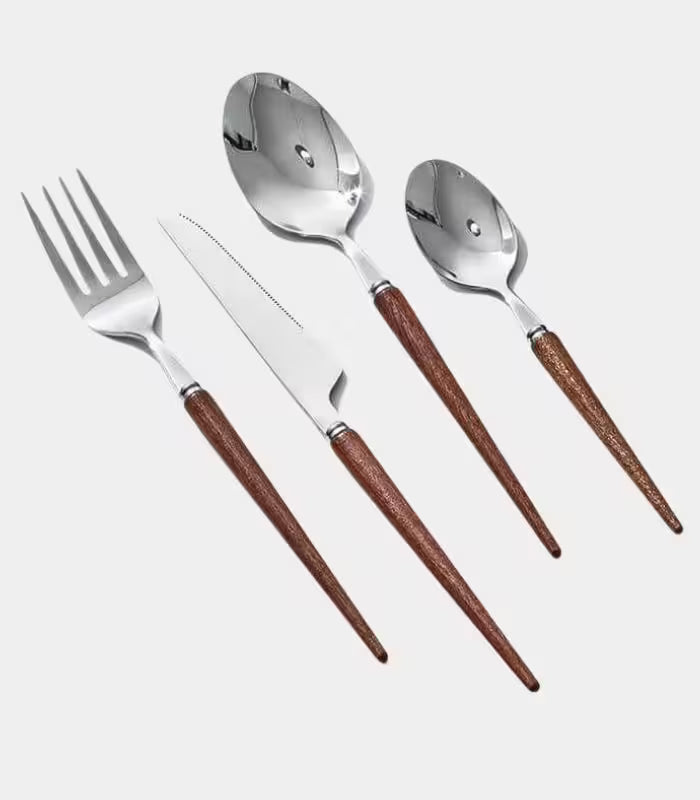 24-Piece Coastal Dining Cutlery Set – Rosewood Handle Stainless Steel Flatware (Brown)
