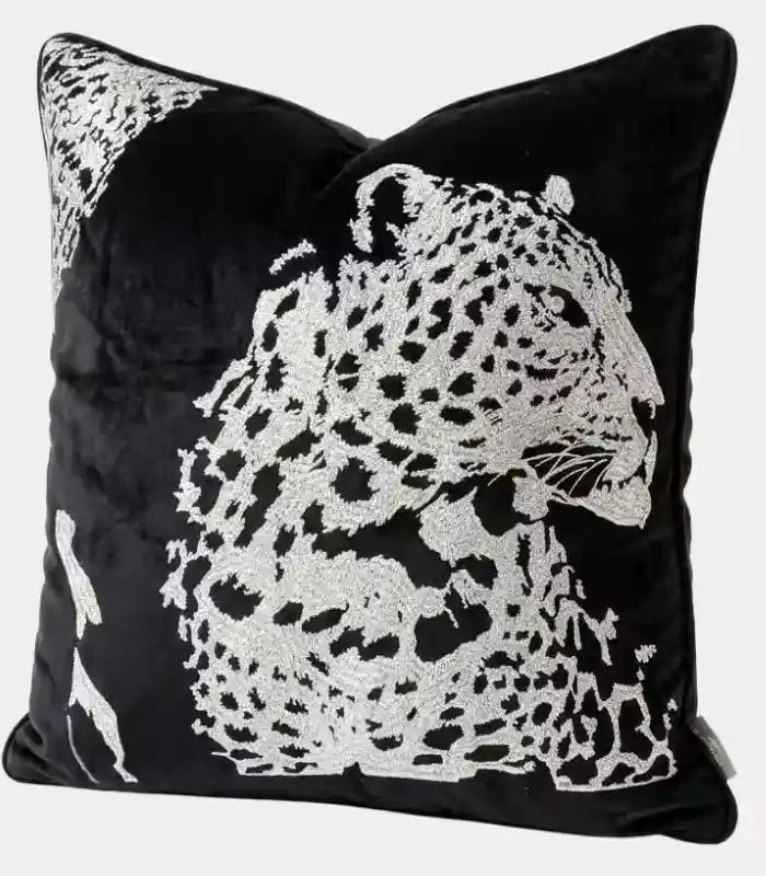 Cushion Cover Velvet Leopard Embroidery Black