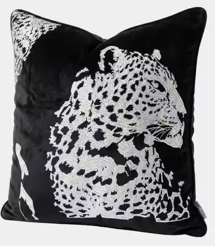 Cushion Cover Velvet Leopard Embroidery Black