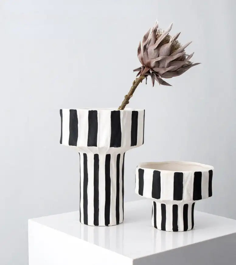 Ceramic Table Top Vase Paola Black and White Striped Wide Mouth Flower Pot Bowl