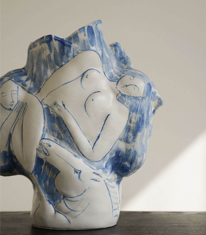 Artisan-crafted Ceramic Tabletop Vase Large Cream White and Blue Double-sided 38 cm