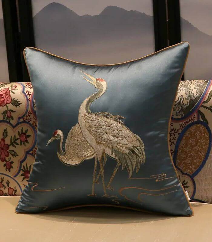 Cushion Cover Crane Embroidered Silk Satin 45x45cm