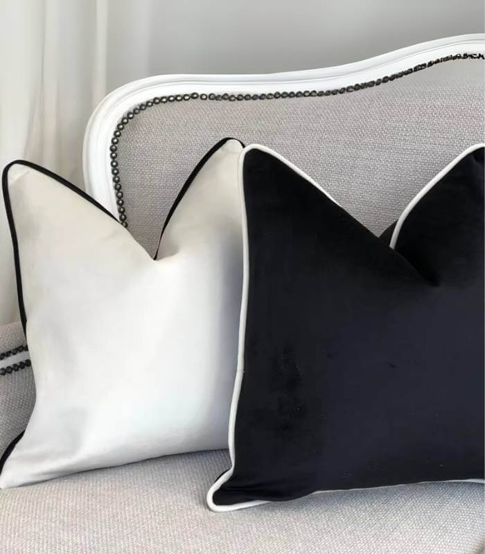 Camillo Cushion Cover Black and White Velvet with Pipping