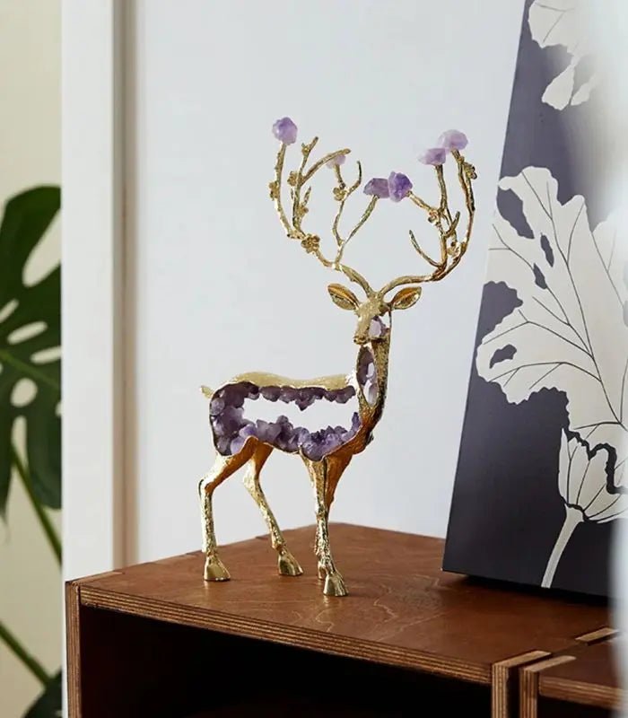 Enchanted Forest Deer Sculpture – Amethyst Crystal & Gold Alloy