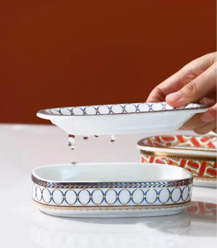 Ceramic Soap Dish With Drain Blue and White