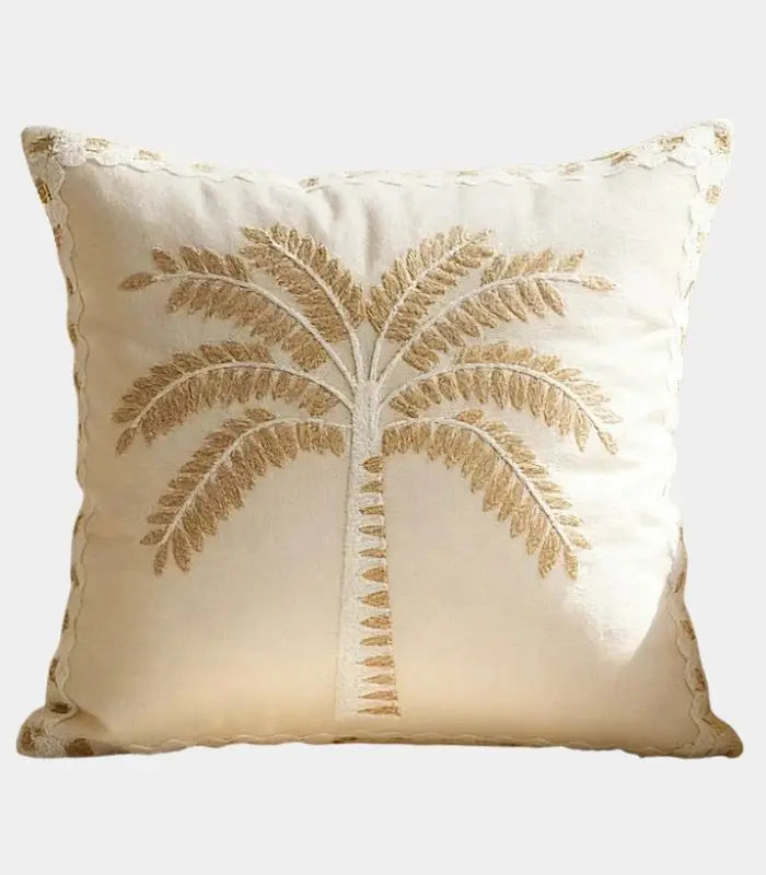 Palm Tree Embroidered Cushion Cover with Decorative Trim