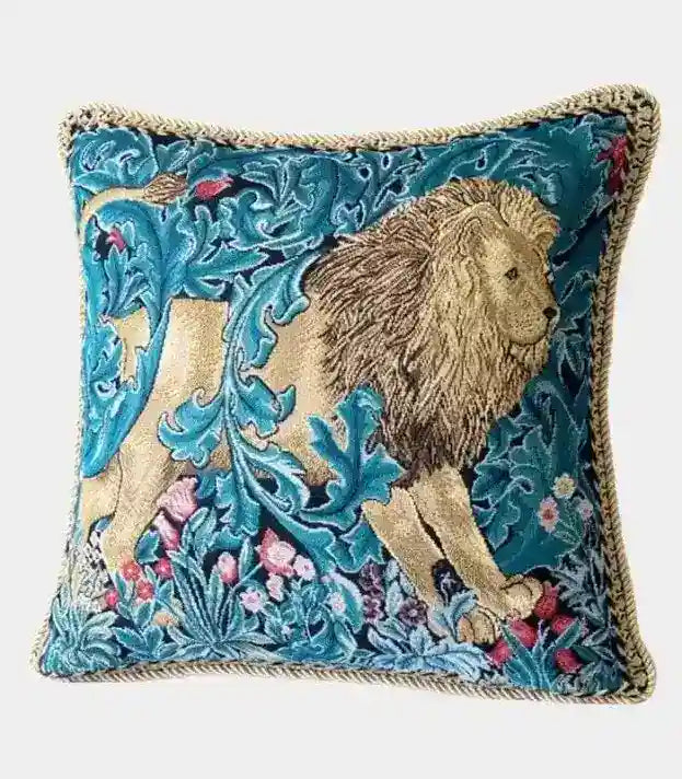 Imperial Leo Art Deco Jacquard Cushion Cover - Luxurious Lion Tapestry