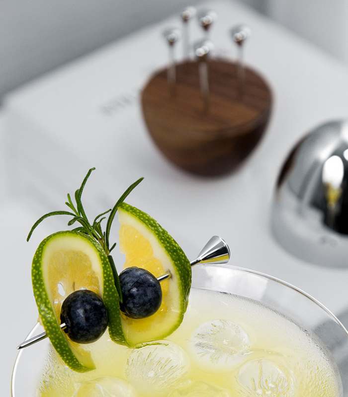 Set of 6 Cocktail Picks in Walnut Wood and Stainless Steel Egg - Unique Barware Accessories