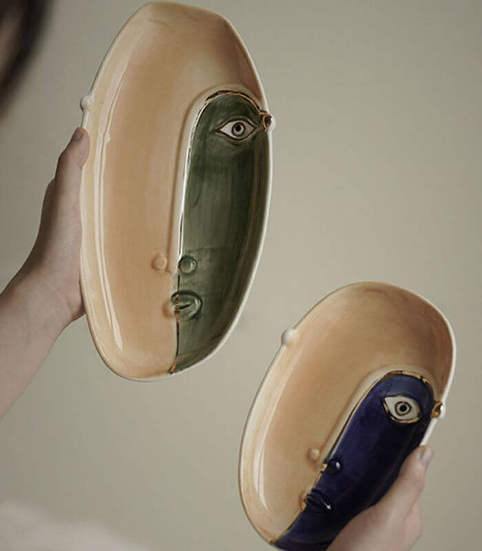 Artisanal Dual-Tone Face Ceramic Decorative Dish | Modern Abstract Art Catchall Tray