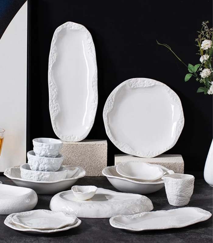 Rustic White Ceramic Serving Platter - 31cm Oval Stoneware Plate, Embossed Stone Pattern