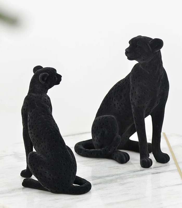 Decorative Cheetah Sculpture Resin Flocking Black
