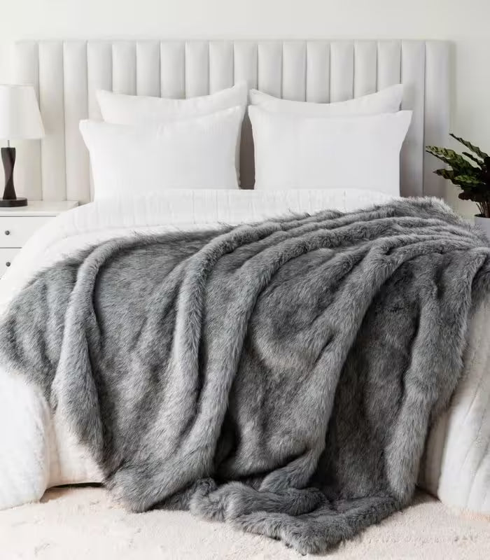 Faux Fur Throw Blanket Soft Thick Grey