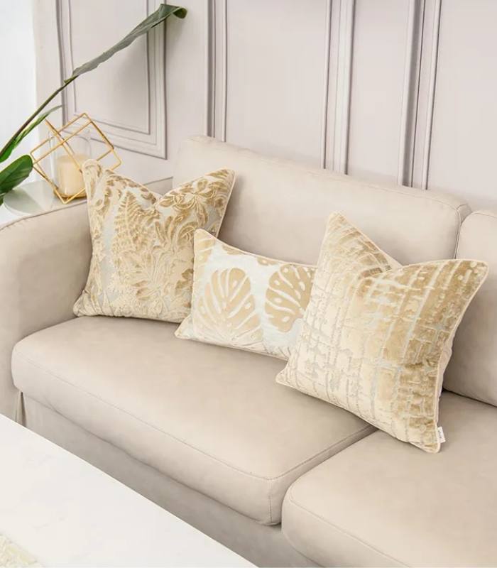 Velvet Floral Garden Cushion Cover Velvet Embroidery Beige