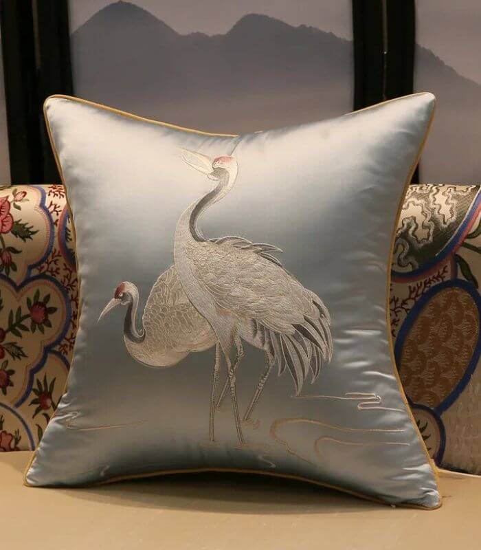 Cushion Cover Crane Embroidered Silk Satin 45x45cm