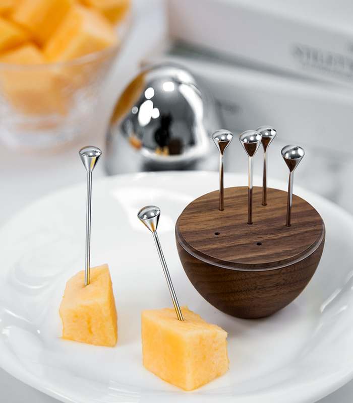Set of 6 Cocktail Picks in Walnut Wood and Stainless Steel Egg - Unique Barware Accessories
