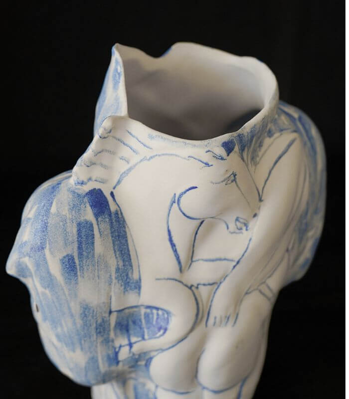 Artisan-crafted Ceramic Tabletop Vase Large Cream White and Blue Double-sided 38 cm