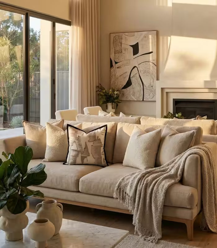 Abstract Brushstroke Cushion Cover – Embroidered Design Cream